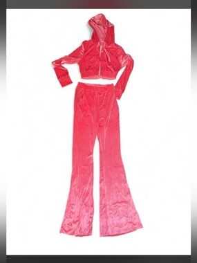 Women's Pink Velour Two-Piece Hoodie & Flared Pants Set